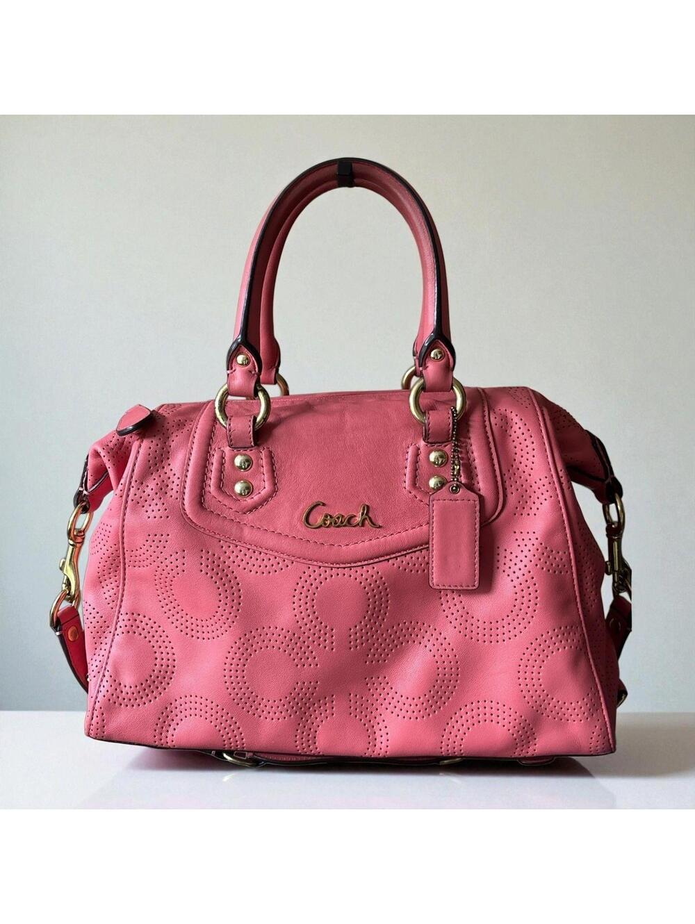 Coach Madison Perforated Leather Satchel Bag Coral Pink Gold Hardware Crossbody